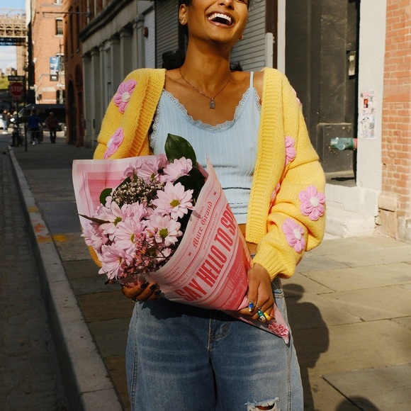 mure + grand Flowers Follow the Sun Yellow & Pink Puff Cardigan | S / M - Picture 2 of 6